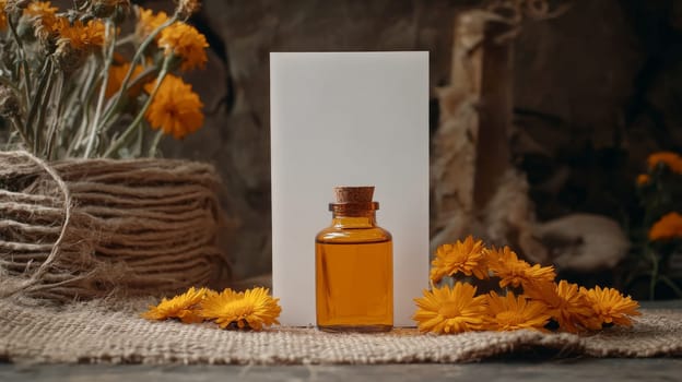calendula oil extract in a small bottle with a white paper tag, Generative AI, nature