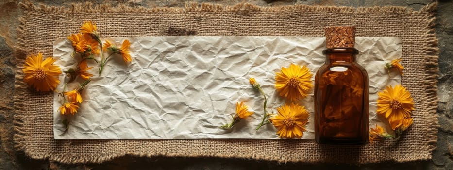 calendula oil extract in a small bottle with a white paper tag, Generative AI, nature