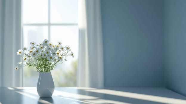 A high-tech interior showcases a white vase filled with daisies, capturing natural light from the nearby window. The ambiance suggests tranquility and modern elegance.