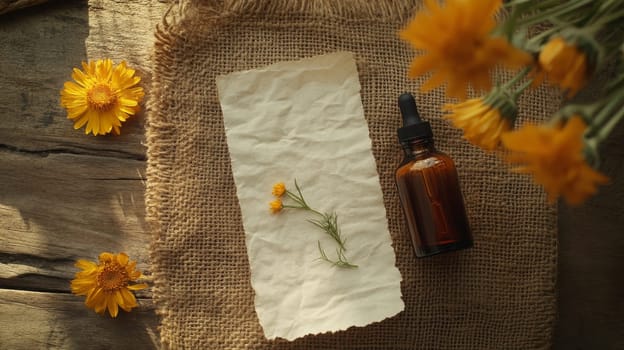calendula oil extract in a small bottle with a white paper tag, Generative AI, nature