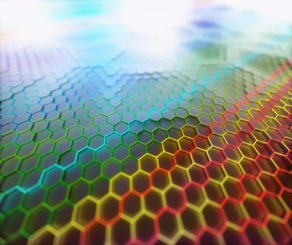 Colored graphene. Conceptual abstract background image with graphene structural pattern. 3D illustration.