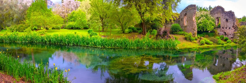 panoramic dream river enchanted castle ruins garden fairy tale nymph garden .