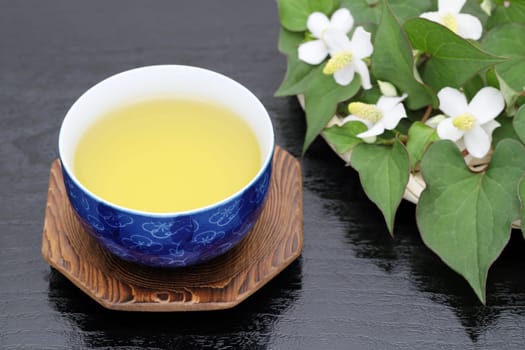 Houttuynia cordata tea, healthy dokudami drink, on black background