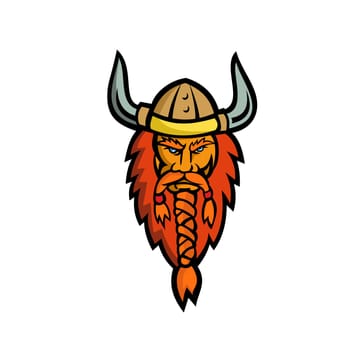 Mascot icon illustration of head of an angry Viking, Norseman or Norse seafarer viewed from   front on isolated background in retro style.