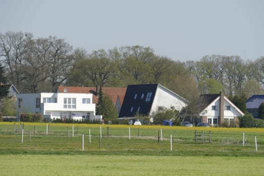 Modern residential buildings, one-family houses, fields, Lower Saxony, Germany, Europe