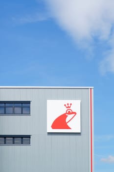 Mainz, Germany - May 27, 2019: The company logo of shoe polish producer Erdal on the facade of an industrial building of the main plant on May 27, 2019 in Mainz.