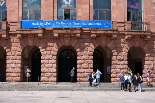 Mainz, Germany - May 27, 2019: A poster for the 2019 European elections over the entrance of the state theater on May 27, 2019 in Mainz...