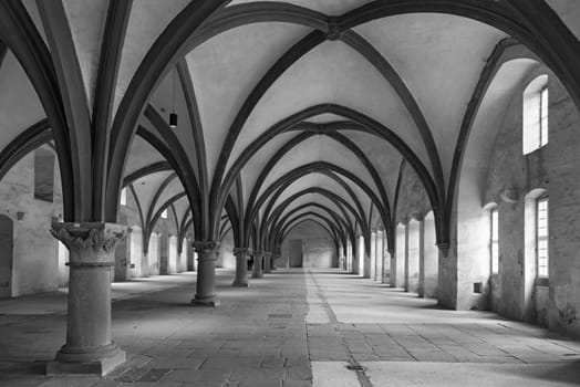 Dormitorium in the eberbach monastery near eltville germany in black and white