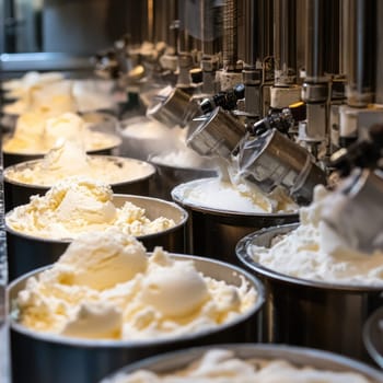 The factory interior displays a production line where machines fill containers with fresh cream. The working environment emphasizes efficiency and quality control in dairy processing.