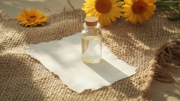 calendula oil extract in a small bottle with a white paper tag, Generative AI, nature