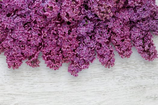 Background of lilac flowers on a wooden surface close up