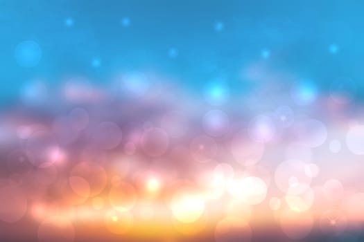 Abstract sunset illustration. Abstract evening or sunset mood background texture with yellow orange and pastel colored bokeh lights, glittering stars and blue sky. Beautiful sunset.