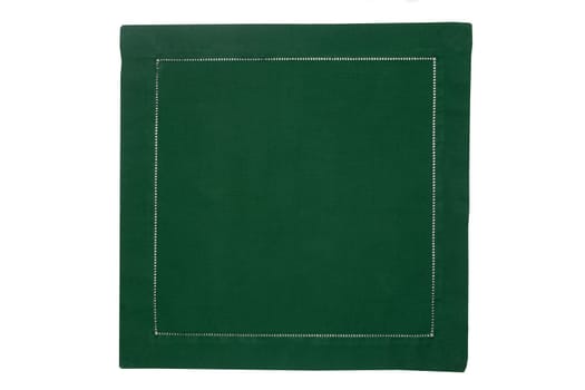 Closeup of a green napkin or tablecloth isolated on white background. Kitchen accessories.