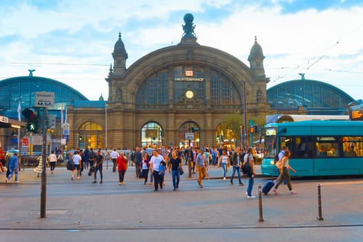 FRANKFURT, GERMANY - AUGUST 30, 2018: People walking in front of Frankfurt Main Train station. The station opened in 1899 and is the biggest in Germany