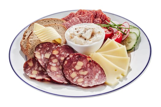 Plate of assorted spicy sausages and slices of cheese served with fresh rye bread, tomato and cucumber garnished with chives around a central dip or spread isolated on white for a menu