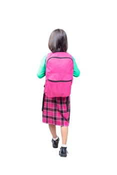 Rear view of asian cute girl with pink backpack standing posing isolated over white background. Back to School concept