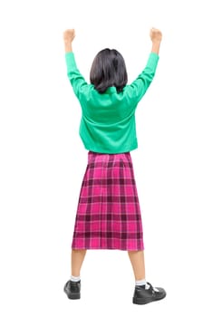 Rear view of asian cute girl standing while raised arms posing isolated over white background. Back to School concept