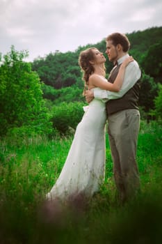 bride and groom stand on the background of the mountain and grass.