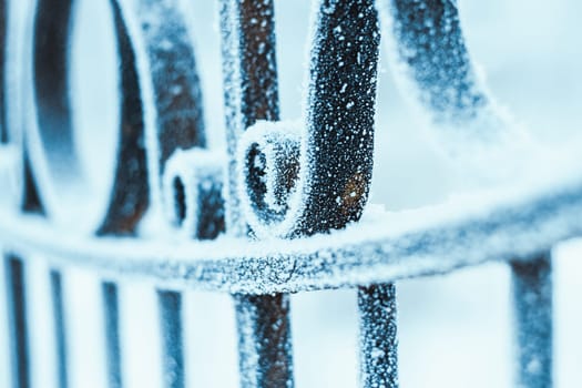 metal fence in hoarfrost on a blurred background.