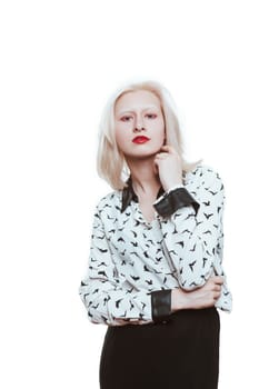 portrait blonde albino girl in studio on white background.