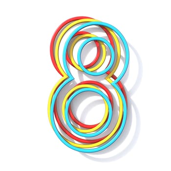 Three basic color wire font number 8 EIGHT 3D rendering illustration isolated on white background