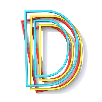 Three basic color wire font Letter D 3D rendering illustration isolated on white background