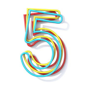 Three basic color wire font number 5 FIVE 3D rendering illustration isolated on white background