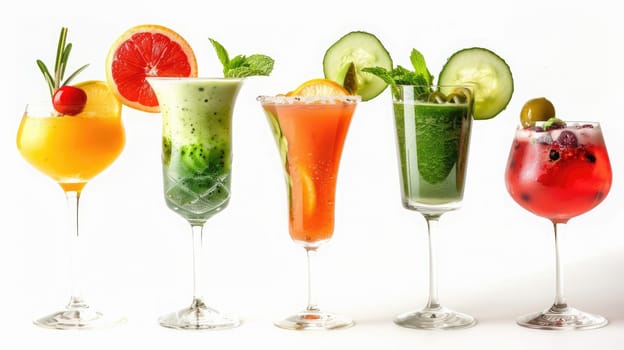 A vibrant display of five cocktails made from blended fruits and vegetables, featuring fresh garnishes. Perfect for a summer gathering, these drinks highlight seasonal ingredients.