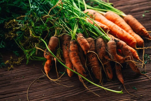 Fresh carrots from the garden close-up on a wooden background.