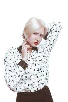 portrait blonde albino girl in studio on white background.