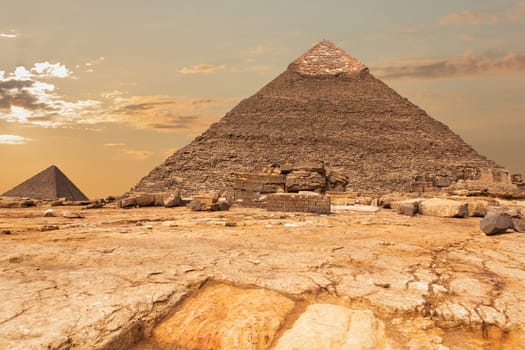 The Pyramid of Khafre and the Pyramid of Menkaure view in Giza, Egypt.