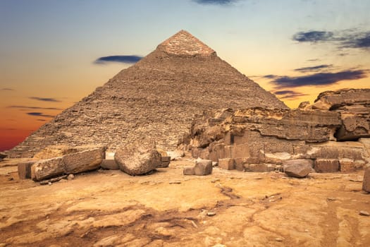 The Temple ruins and the Pyramid of Khafre, Giza, Egypt.