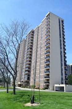 A older high rise building in Hamilton Canada in the spring of 2019.in bright sunlight.