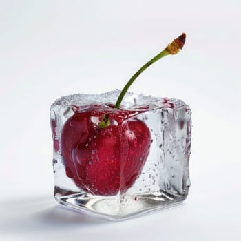 A vibrant red cherry is in the center of a clear ice cube, surrounded by tiny bubbles. The bright fruit contrasts beautifully with the transparent ice and the minimalistic white backdrop.