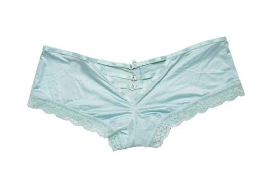 Underwear woman isolated. Close-up of luxurious elegant turquoise or light blue lacy panties isolated on a white background. Back site.