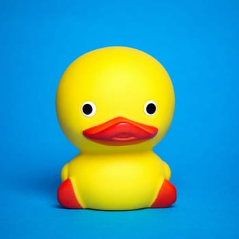 Cute yellow bath duck toy on blue background.