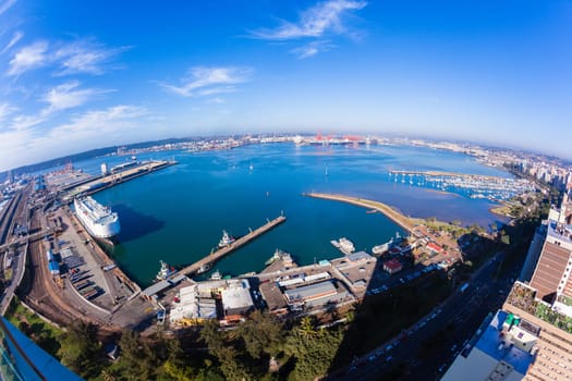 Durban harbor port sea water ships boats landscape from birds-eye air position.