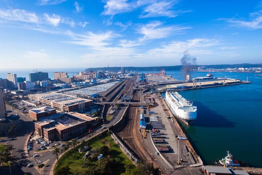 Durban harbor port sea water ships boats landscape from birds-eye air position.