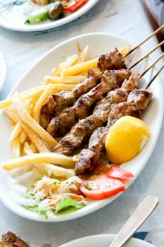 meat with potatoes and vegetables on a large plate