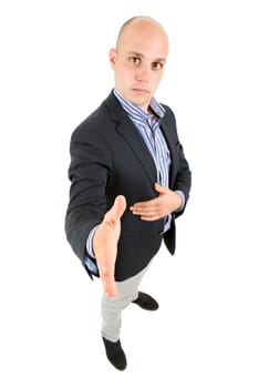 young casual man full body, offering his hand, in a white background
