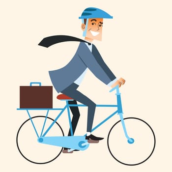 Smiling businessman going to work in the office by bike, briefcase in the trunk. Sports and work