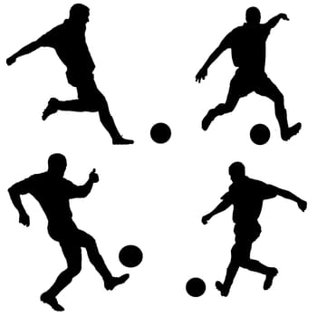 Soccer player as silhouette isolated on white while shooting a football