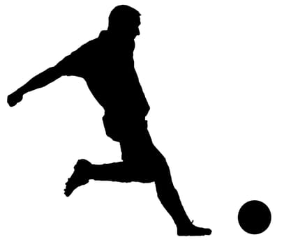 Soccer player as silhouette isolated on white while shooting a football