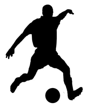 Soccer player as silhouette isolated on white while shooting a football