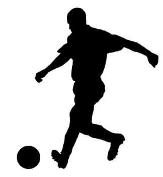 Soccer player as silhouette isolated on white while shooting a football