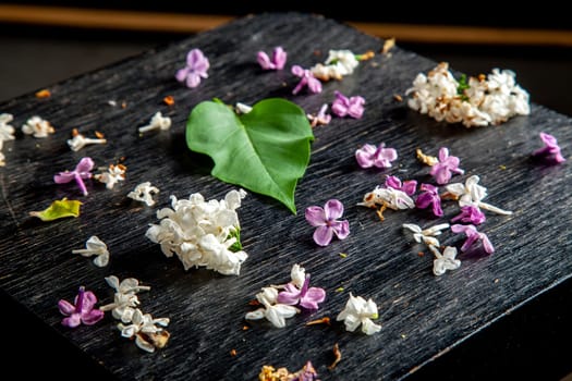 White and purple fallen lilac flowers and green leaf on the black table. Dark background of green leaf and fallen lilac flowers.