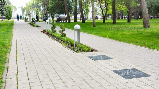 Anapa, Russia - May 13, 2019: Star alley of movie actors near the central square near the administration of Anapa