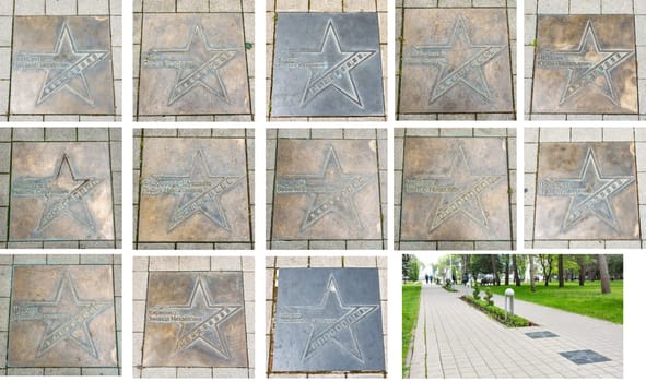 Bronze star plates with the names of Russian movie stars and Star Avenue of movie actors near the central square near the administration of Anapa