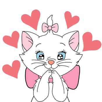 Marie cat pink ribbon kitten illustration  happy love heart