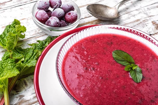Summer cool soup with cherry and rhubarb.Fruit soup. Summer food.